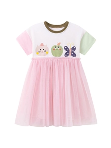 Girls' short sleeve dress with cat embroidery and pink layered tulle skirt