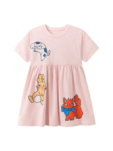 Robe fille rose à manches courtes en coton avec imprimés mignons d'animaux cartoon