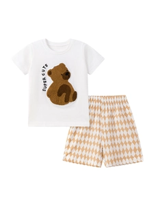 Ensemble d'été pour enfants avec t-shirt brodé ours et short à motif losanges