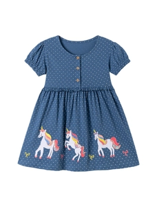 Robe fille bleu marine à pois en coton avec broderies licorne et manches bouffantes