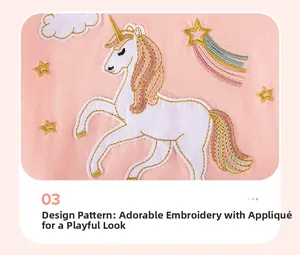 Detail aus rosa Baumwollstoff mit weißer Einhorn-Applikation und Stickerei-Sternen