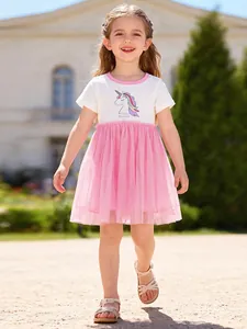 Mädchen Einhorn Regenbogen Patchwork Netz Kleid Sommer Kurzarm Baumwolle Oberteil Rosa Tüll Prinzessinnenkleid Für Kinder