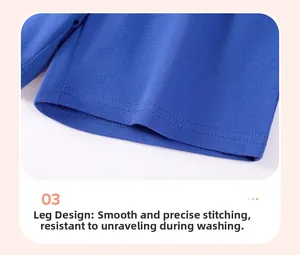 Detailed close-up of double-stitched hem on navy blue cotton boys' shorts for durability