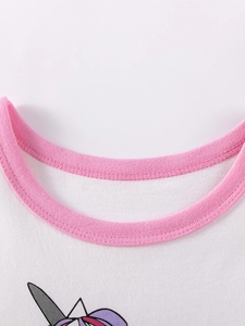 Mädchen Kurzarm Kleid aus weißer Baumwolle mit rosa Rundhalsausschnitt und Einhorn-Motiv