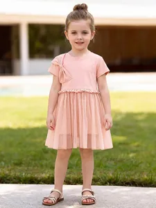 Robe en Tulle de Maille Rose pour Filles Été Avec Nœud Manches Courtes Haut en Coton Robe de Princesse pour Enfants