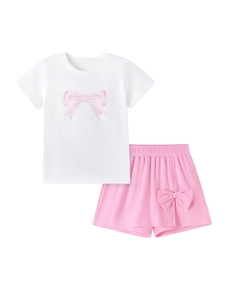 Set estivo in cotone per bambina con t-shirt con fiocco rosa e pantaloncini abbinati
