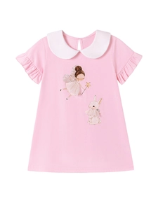 Rosa Baumwoll-Mädchenkleid mit niedlichem Hasenprint und Peter-Pan-Kragen für Sommer
