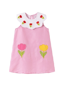 Ärmelloses Mädchenkleid mit rosa Karomuster, Wellenkragen und Tulpen-Stickerei