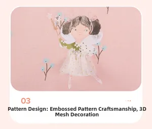Détail de robe rose avec motif fée, jupe en tulle 3D et impression par transfert thermique