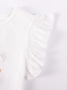 Mädchen-Set aus weißer Baumwolle mit Rüschenärmeln und lila Schmetterlingsstickerei