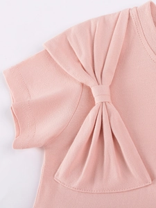 T-shirt rose en coton pour fille à manches courtes avec un grand nœud décoratif