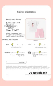 Größentabelle und Stoffdetails für Mädchen-Baumwollshirt und rosa Shorts-Set