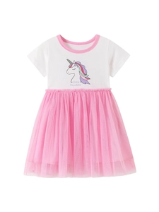 Mädchen Sommerkleid mit Einhorn-Regenbogen-Druck und rosa gestuftem Tüllrock-Design