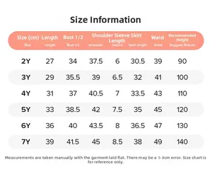 Guide des tailles détaillé pour ensemble jupe en tulle fille avec mesures de 2 à 7 ans