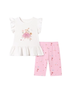 Mädchen Sommer-Set mit weißem Hasen-Oberteil und rosa bedruckter Leggings