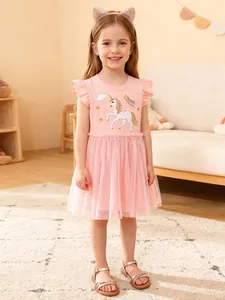 Mädchen Rosa Kurzarm Baumwolle Kleid Einhorn Bestickt Netz Prinzessin Tüll Rock Süßes Sommer Party Kleid Für Kleinkinder