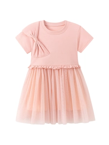 Robe rose à manches courtes pour fille avec nœud d'épaule et jupe en tulle brillant