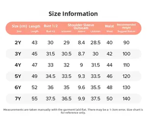 Detailed size chart for girls summer short sleeve set including measurements from 2Y to 7Y