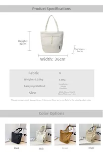 Detailed dimension guide for the canvas tote bag with precise sizing and color options
