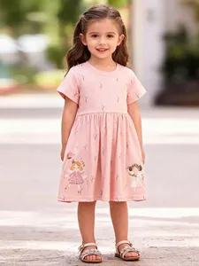 Robe d'été en Coton pour Filles Imprimé Floral Dessin Animé Fée Manches Courtes Casual Party Robe de Princesse