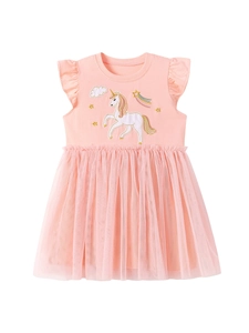 Rosa Tüllkleid für Mädchen mit Einhorn-Stickerei und gerüschten Ärmeln