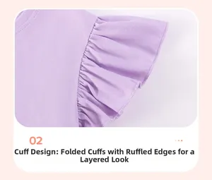 Detail of light purple girl clothing featuring pleated ruffle cuffs and soft knit texture