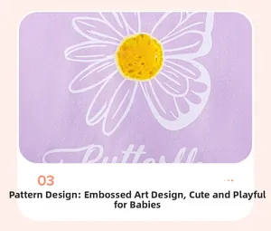 Detail of purple cotton kids set featuring butterfly and daisy heat transfer prints