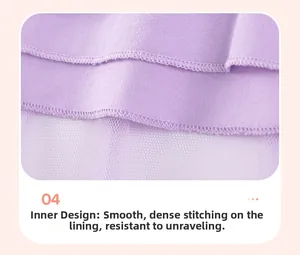 Detail shot of purple summer outfit showing flatlock stitching and knit mesh fabric