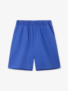 Royal blue cotton knit sports shorts for boys with elastic waistband and side pockets