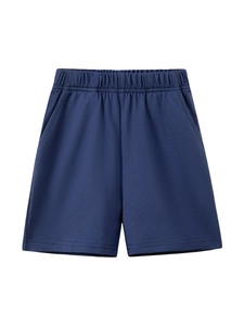 Classic navy cotton shorts for boys featuring an elastic waistband and side pockets