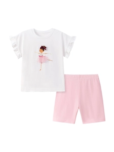 Mädchen Sommer-Set mit weißem Ballett-T-Shirt und rosa Shorts aus weicher Baumwolle