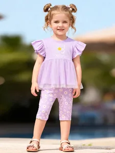Little Girl Summer Cotton Two Piece Outfit Set Flutter Sleeve Mesh Hem Top Daisy Butterfly Print Pants Purple Kids Clothes