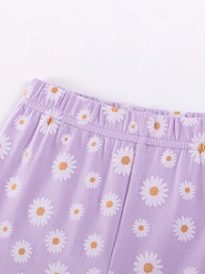 Short sleeve girls' summer set with light purple daisy print knitted pants waistband