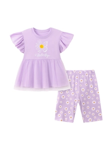 Cute lavender girls' summer set with daisy butterfly print and ruffle sleeve t-shirt