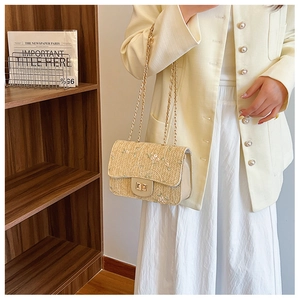 Close-up of floral embroidery detail and gold metal lock on beige woven chain bag