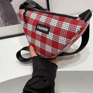 Red and white checkered waist bag with adjustable strap and fashion label detail