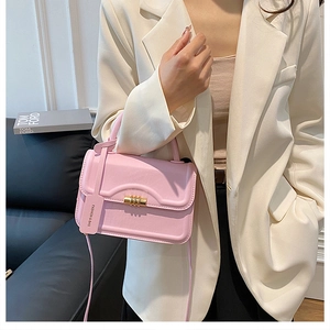 Close-up of pink textured crossbody bag with gold buckle and fashion tag detail