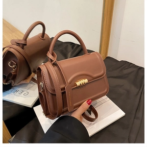 Detailed shot of brown matte leather handbag with gold spiral clasp and adjustable strap