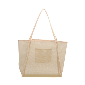 Beige large capacity mesh tote bag with shoulder straps and interior pocket