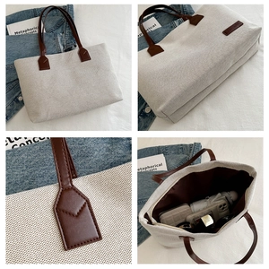 Detailed views of the large canvas tote bag with brown leather straps and interior space