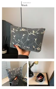 Detalle del bolso tejido negro con bordado floral y cremallera dorada de calidad