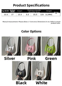 Tableau des tailles montrant les dimensions et détails du sac à main avec nœud et chaîne