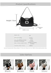 Detail specifications of the faux leather crescent bag with rhinestone buckle accent