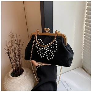 Détail d'un sac de soirée noir vintage avec papillon en perles et fermoir doré