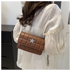 Detail showing the star rhinestone decor on a brown quilted crossbody chain bag