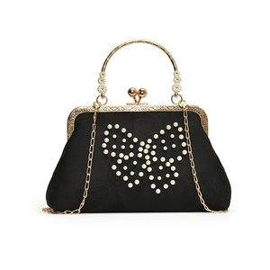 Sac de soirée noir élégant avec motif papillon en perles et cadre en métal doré