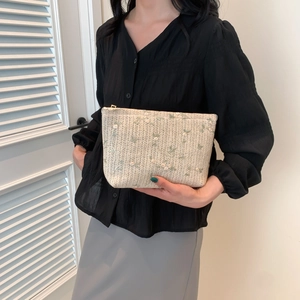 Summer lace woven clutch bag with floral embroidery and gold zipper closure for women
