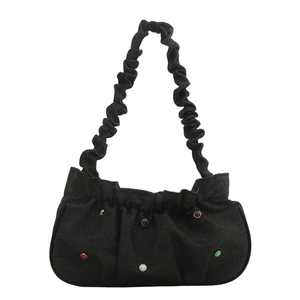 Black denim shoulder bag with colorful crystal studs and stylish pleated cloud strap