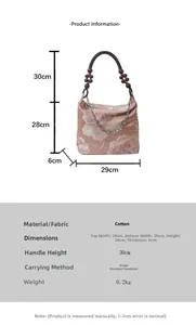 Detailed size specifications for the pink floral silk tote bag with beaded handle