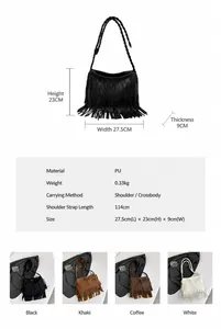 Detailed size chart and multi-color options for large capacity tassel shoulder bag